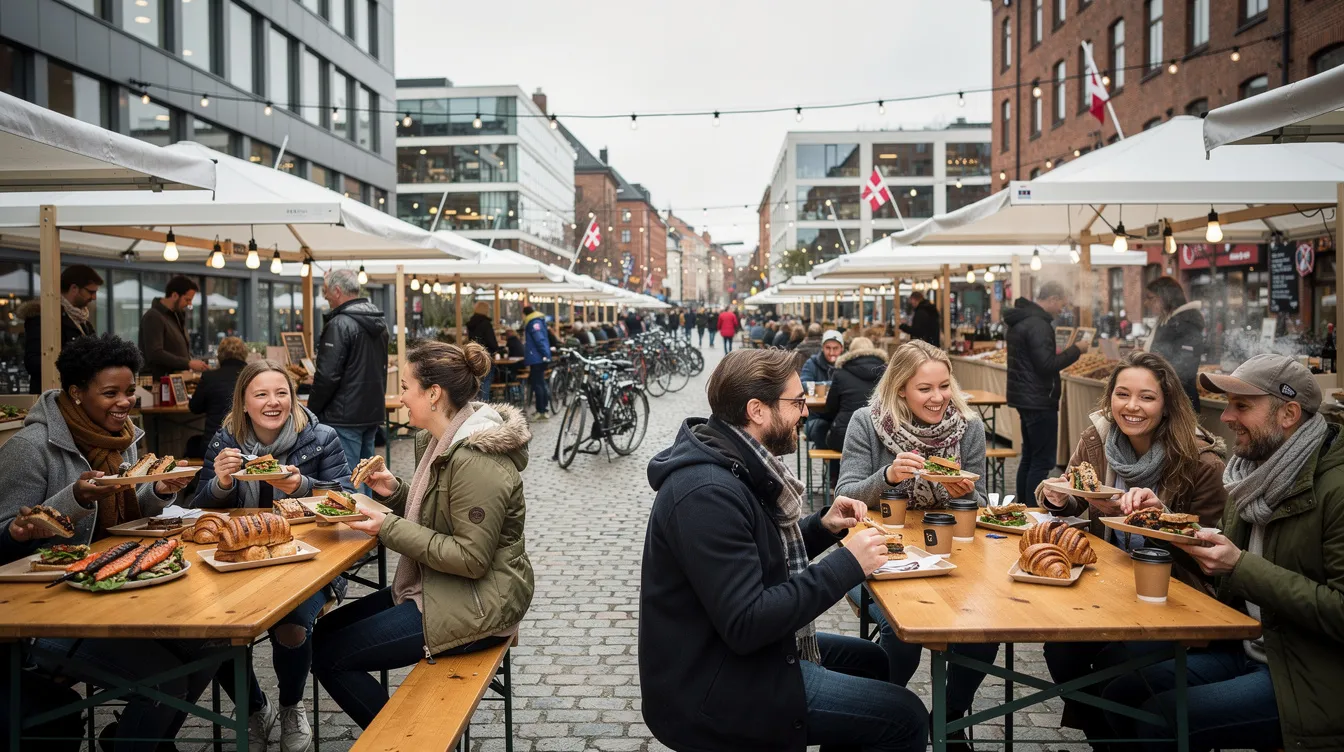 The image depicts a lively open-air food market in a Scandinavian city, filled with people enjoying various street food dishes. Stalls are adorned with colorful signs, and the atmosphere buzzes with the sounds of chatter and laughter, reflecting the vibrant culture of Denmark, where the official currency is the Danish krone.