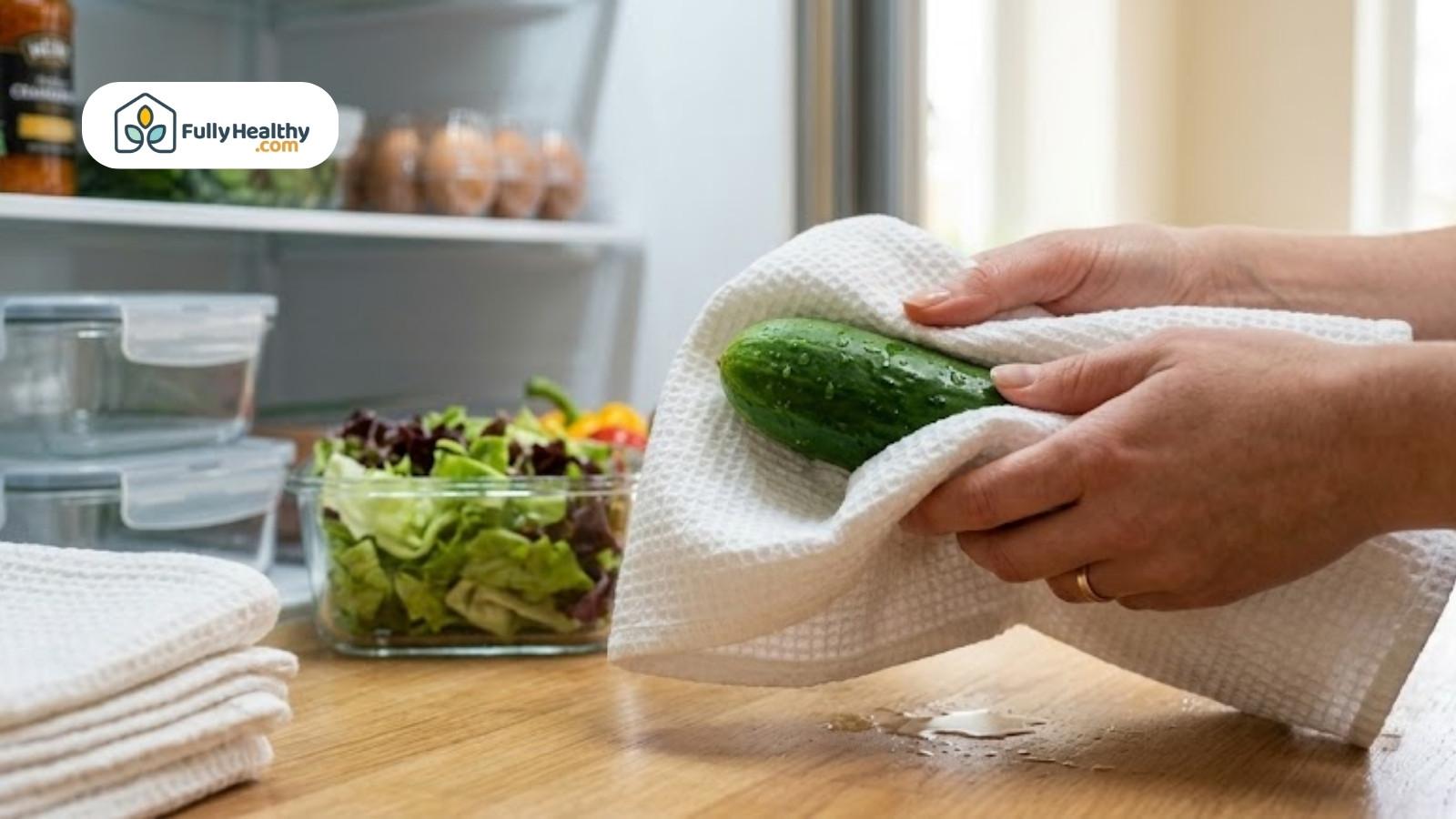 Drying fresh cucumber with towel before refrigerator storage