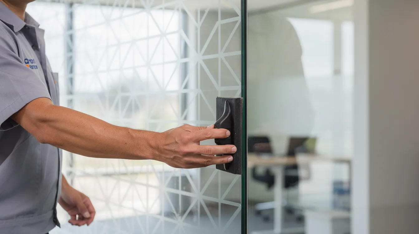 A technician is shown closely applying decorative window film on a large glass panel, demonstrating a service-based business model that can be part of a mobile franchise opportunity. This process highlights the growing demand for aesthetic enhancements in commercial spaces, appealing to prospective franchisees interested in low startup costs and multiple services.