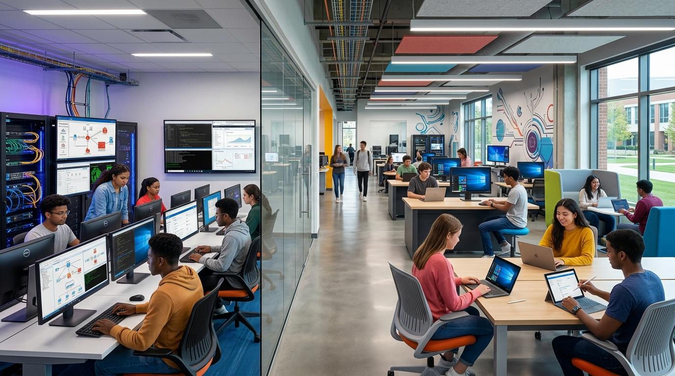 tudents practicing cybersecurity, cloud computing, and programming in isolated virtual lab environments while other students access browser-based virtual desktops seamlessly from laptops and tablets.