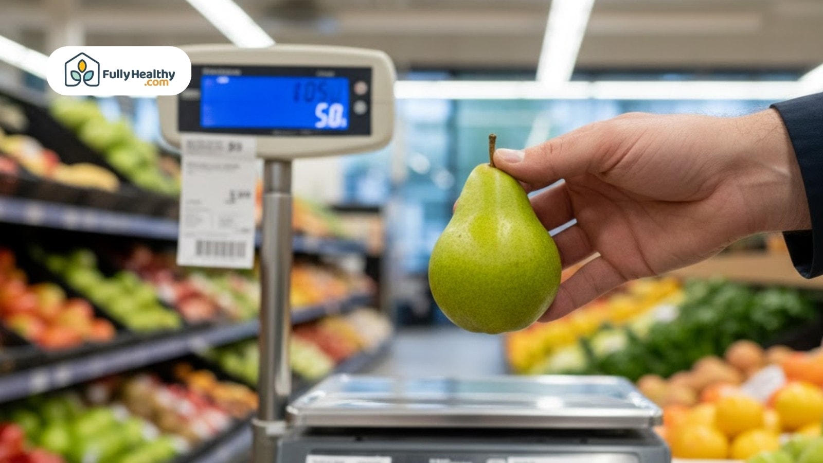 Hand holding green pear on grocery scale in produce aisle