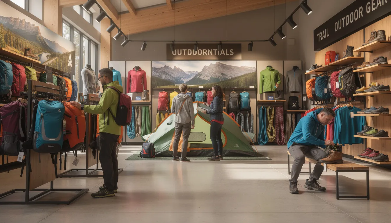 The image depicts an outdoor gear store bustling with customers as they browse various equipment displays, showcasing a range of products that attract potential buyers. This local business benefits from foot traffic and engages with the community, highlighting the importance of local influencer marketing to enhance brand visibility on social media platforms.