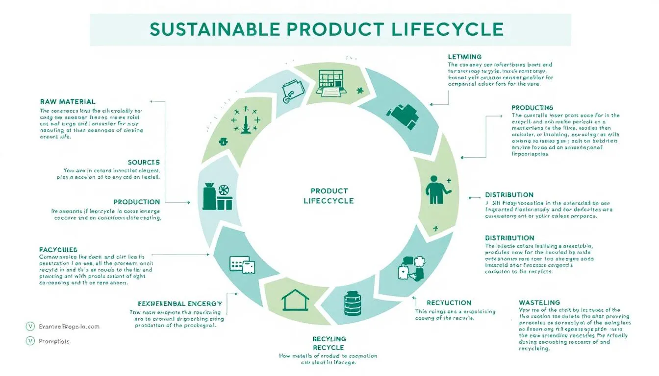 Die grafische Darstellung zeigt den Produktlebenszyklus nachhaltiger Werbegeschenke, angefangen bei der Rohstoffgewinnung über die Produktion bis hin zum Recycling, und betont die Verantwortung der Unternehmen für umweltbewusste Materialien wie Holz und Bambus. Die Illustration verdeutlicht die verschiedenen Phasen, in denen umweltfreundliche Werbeartikel, wie Kugelschreiber und Notizbücher, in den Alltag der Kunden integriert werden können.