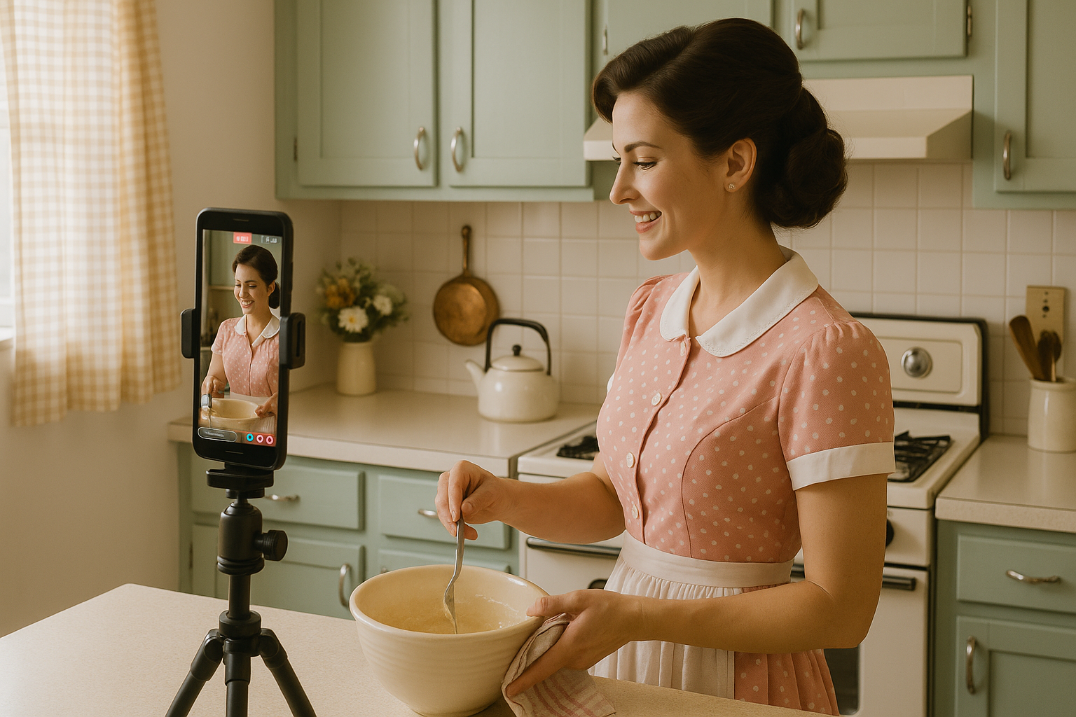 A trad wife live streaming her tidy 1950s style kitchen