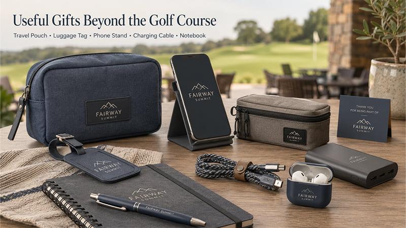 Useful golf event gifts beyond the course including travel pouches, luggage tag, phone stand, charging cable, notebook, and power bank