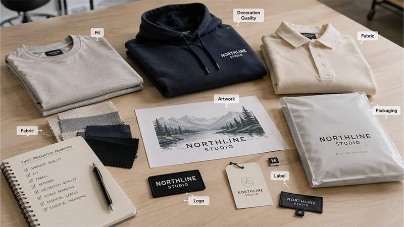 Clothing customization priorities including fit, fabric, artwork, decoration quality, labels, and packaging
