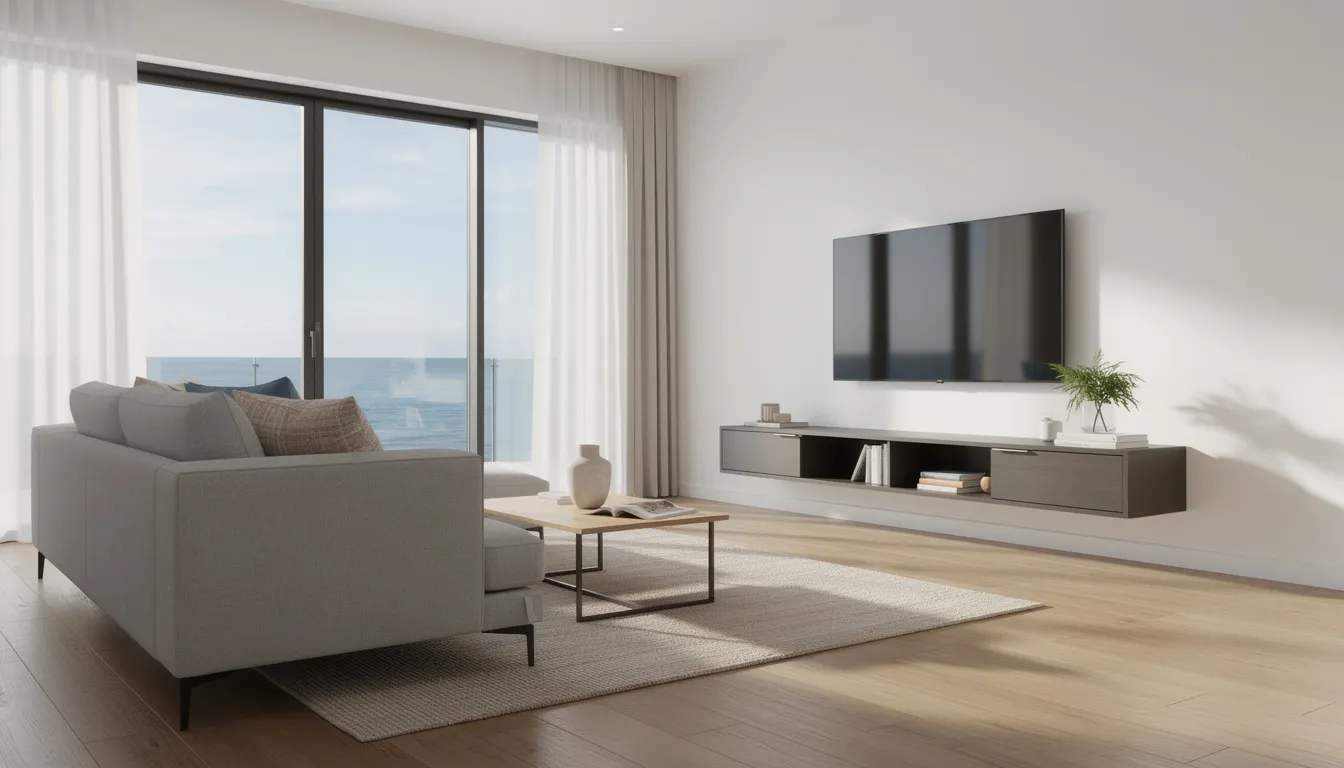 A modern living room features a mounted flat-screen TV and large windows showcasing a beautiful sea view. The inviting space is perfect for relaxing while enjoying entertainment, and it highlights the importance of professional DSTV installation services for optimal viewing experiences.
