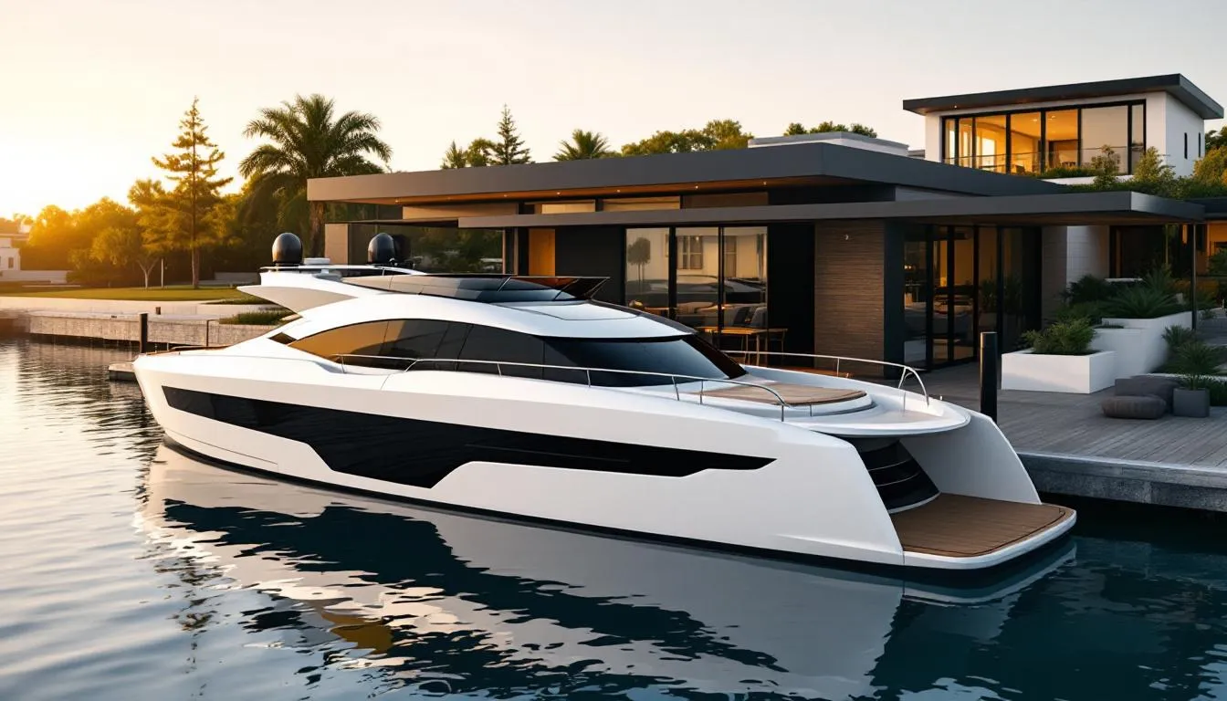 A modern luxury yacht is docked at a private waterfront home featuring a covered boathouse, situated in the prestigious Royal Harbor community of Naples, FL. This exceptional property offers unparalleled waterfront living with direct access to Naples Bay, perfect for boating enthusiasts and those seeking a premier coastal lifestyle.