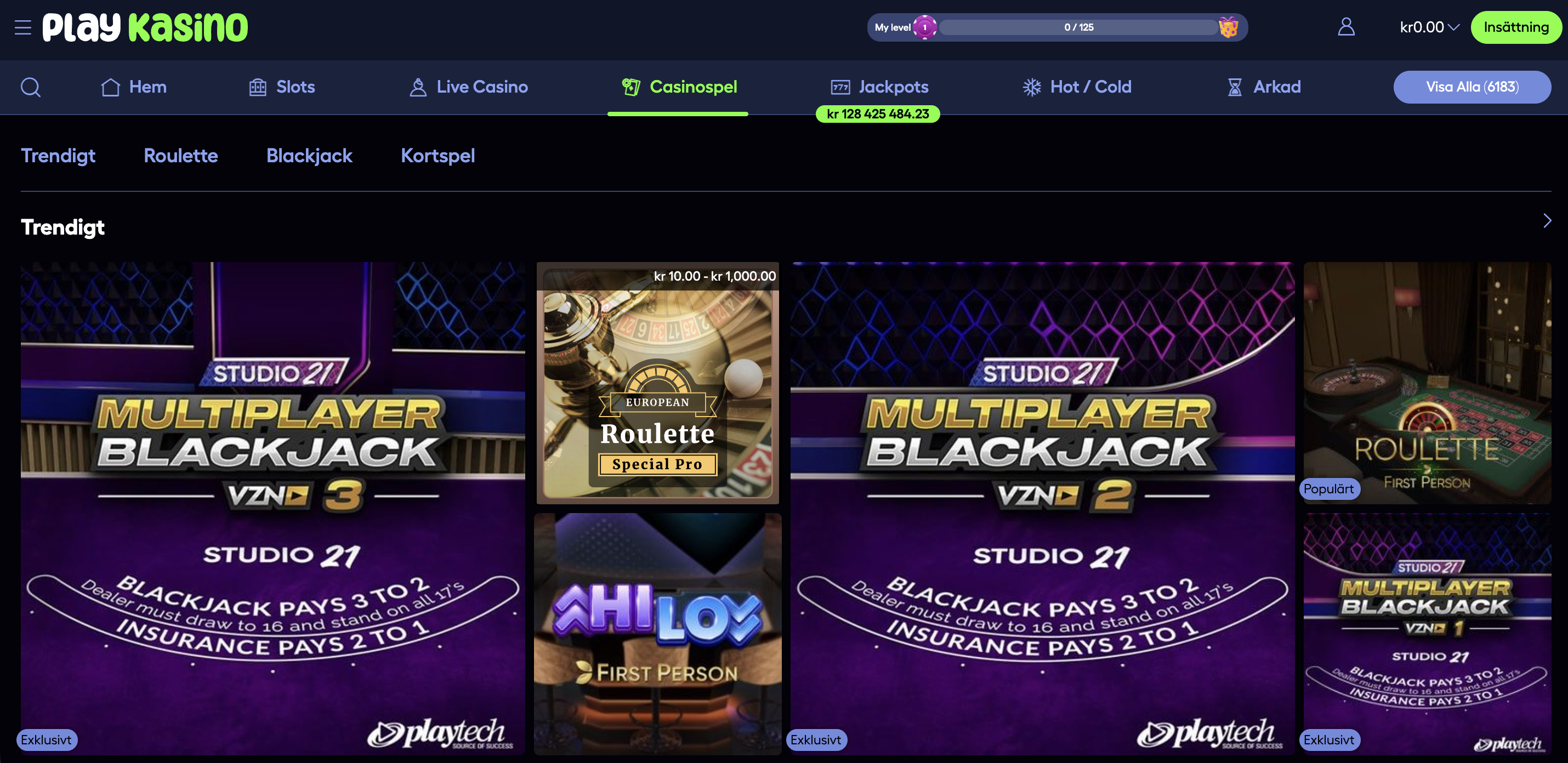 PlayKasino bordsspel sida med blackjack och roulette i Play Kasino online casino – PlayKasino recension