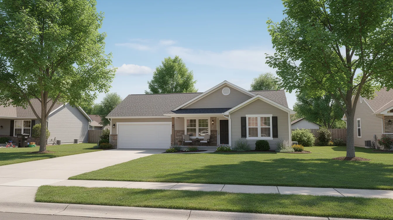 The image depicts a charming suburban home surrounded by a lush green lawn and mature trees, situated in a tranquil neighborhood. This peaceful setting may appeal to retirees considering the implications of state income tax and local property taxes on their retirement benefits.