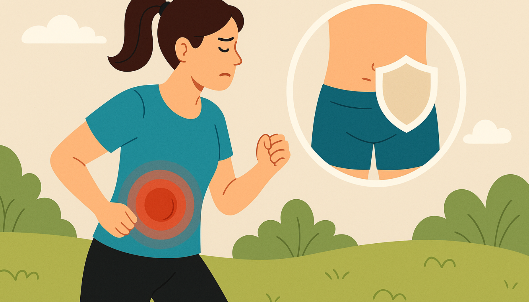 En kvinne jogger med smerte i magen, mens en sirkel ved siden av viser et skjold over magen som symboliserer forebygging av brokk.