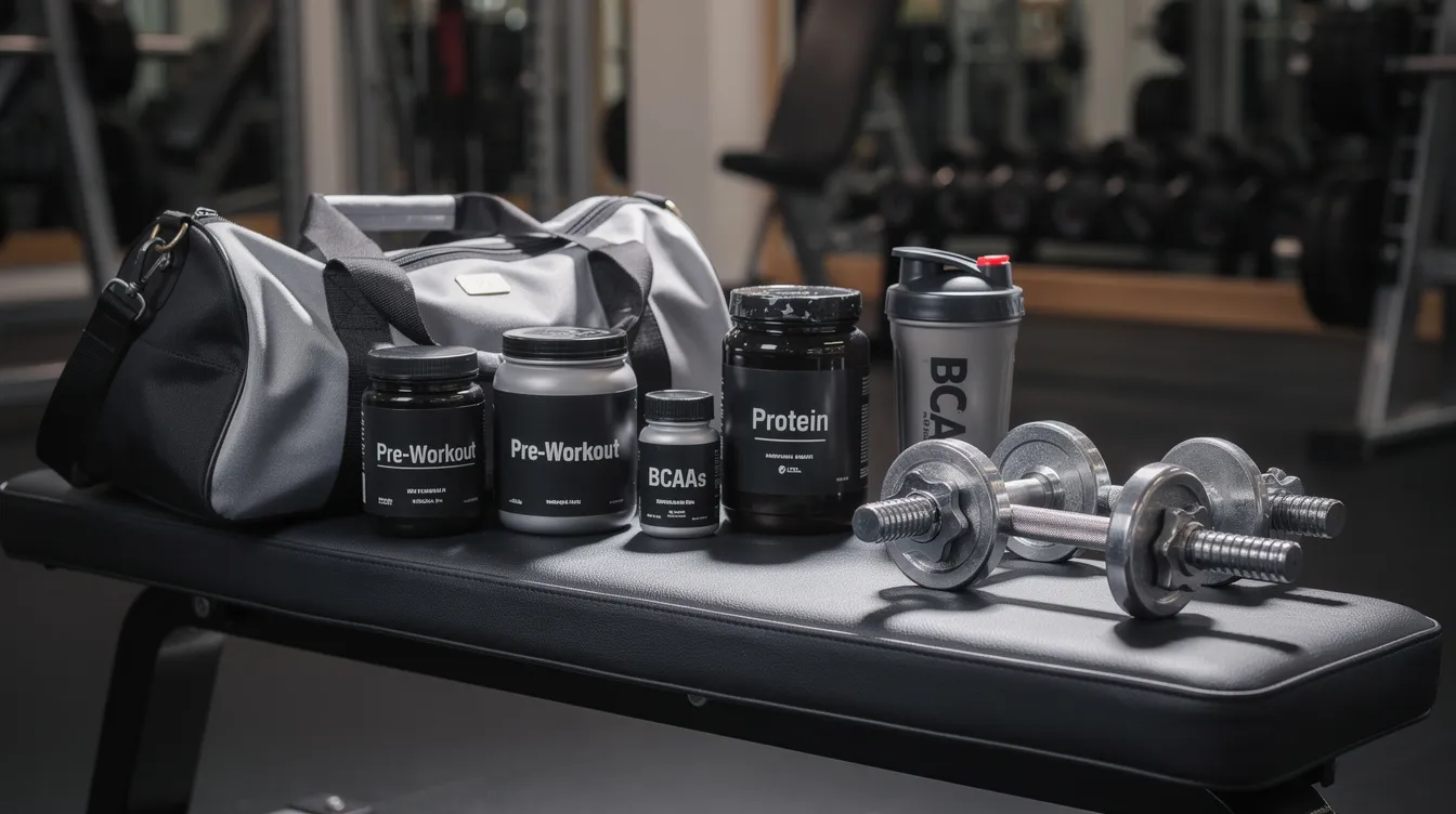 The image shows a gym bag alongside various supplement containers, including pre workout and energy products, arranged next to a set of dumbbells on a bench, emphasizing a fitness-focused environment for bodybuilding and muscle performance. The layout reflects a commitment to health and effective workout routines.