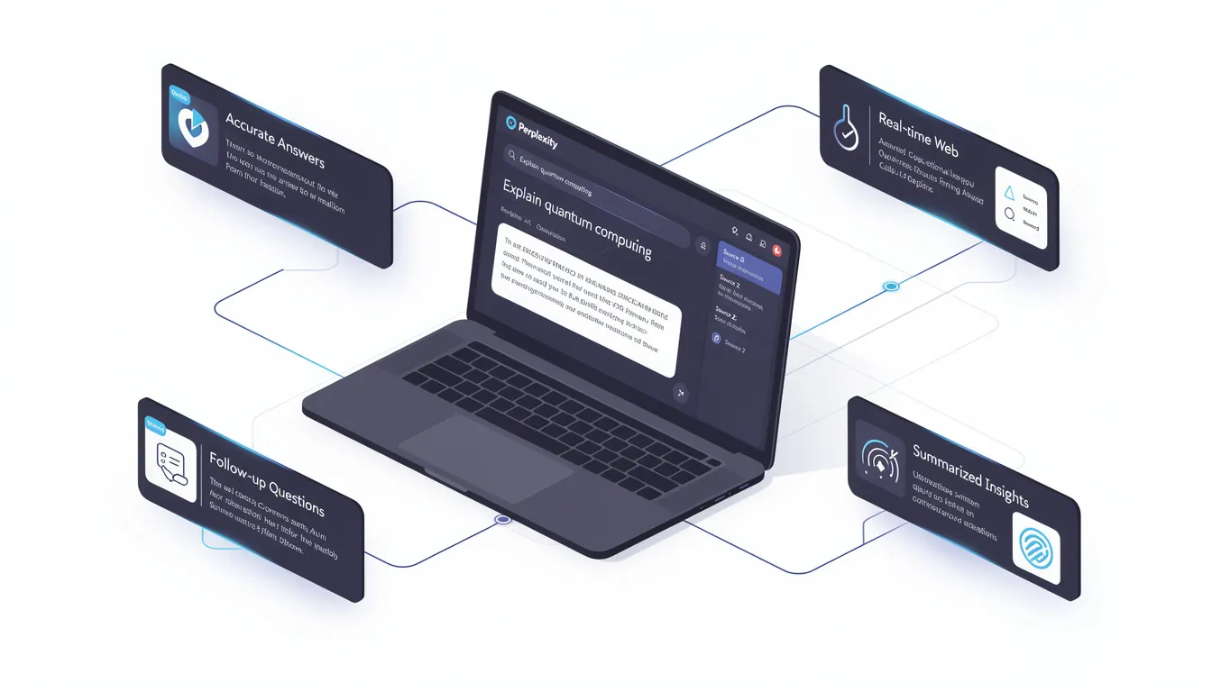 The image showcases the key features of Perplexity AI, highlighting its ability to provide up-to-date answers and accurate information through advanced AI models. It emphasizes the app's focus on user queries, offering a guided AI search experience with cited sources for every answer, enabling users to dive deeper into complex topics and maintain a seamless conversation.