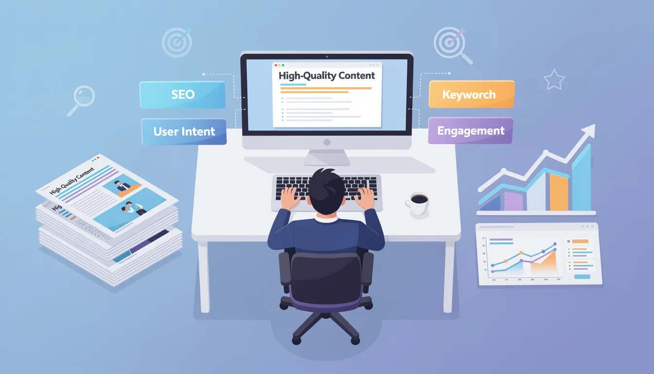 The image depicts the essential elements of creating high-quality content for effective SEO content marketing, highlighting the importance of keyword research, engaging content, and a well-defined content strategy. It emphasizes how valuable content can enhance search engine rankings and drive organic traffic, ultimately supporting digital marketing efforts.