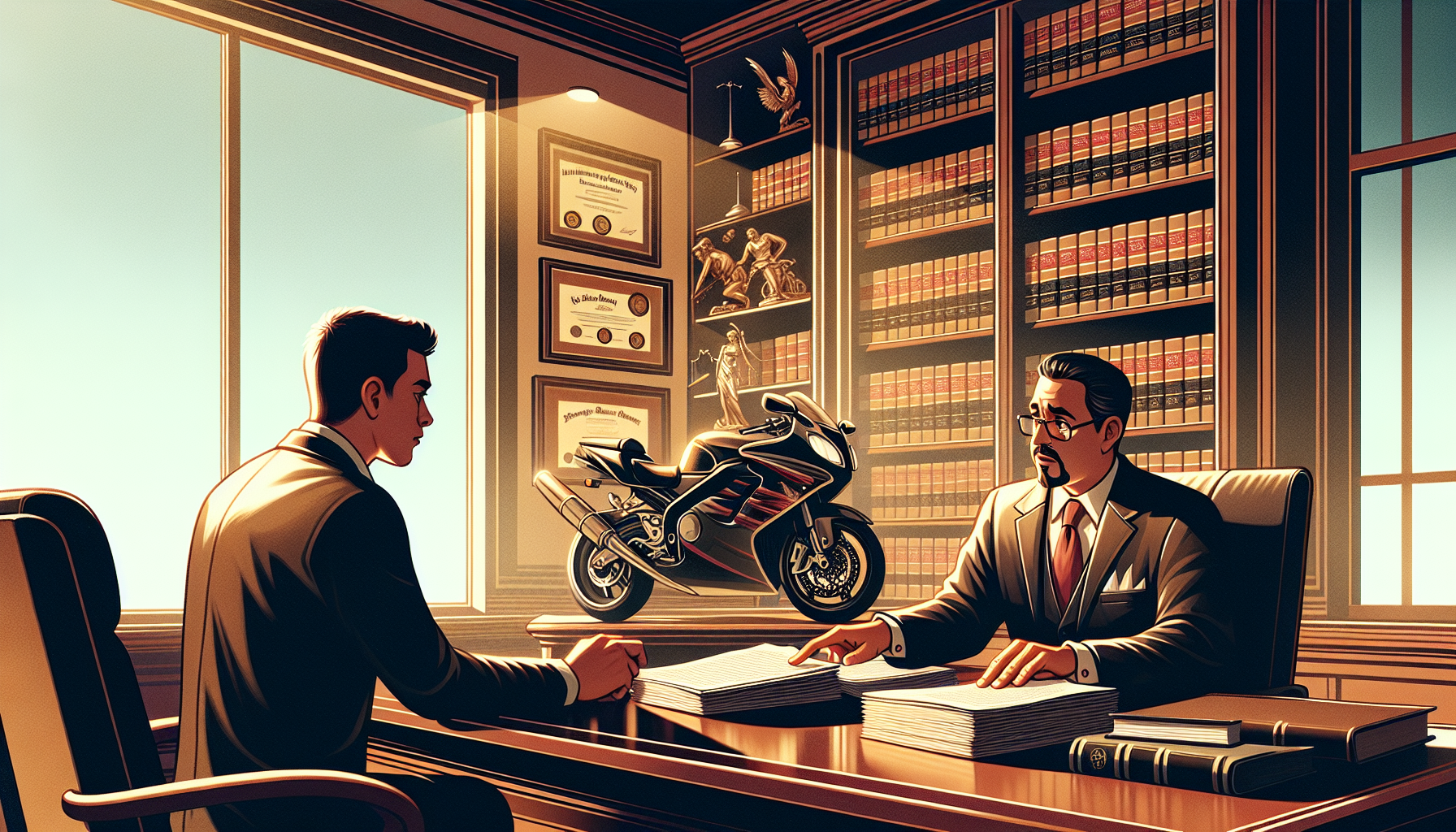 A motorcycle accident attorney discussing a case with a client in Gainesville.