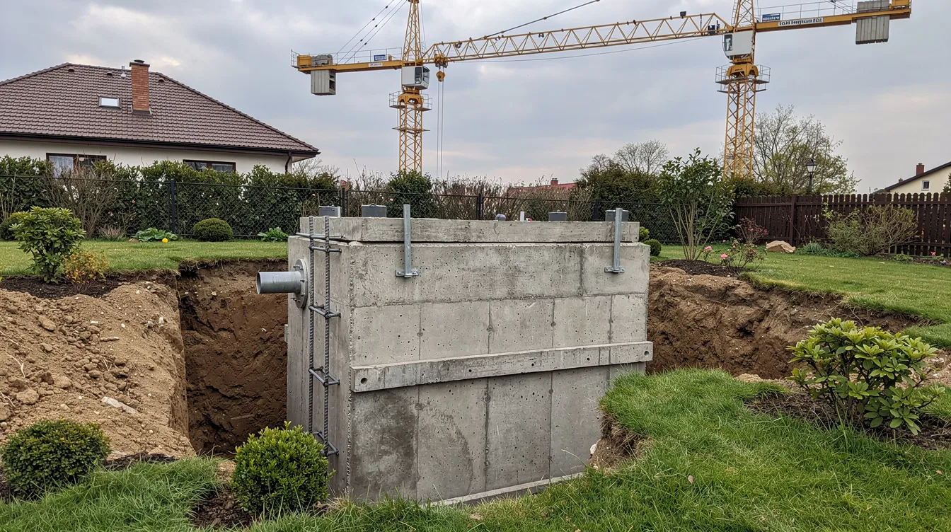 Cette image montre une cuve en béton enterrée dans un jardin, avec une grue de chantier en arrière-plan, illustrant une installation de récupération d'eau de pluie. La cuve, conçue pour le stockage d'eau, souligne l'importance de la durabilité et de la gestion des ressources en eau.