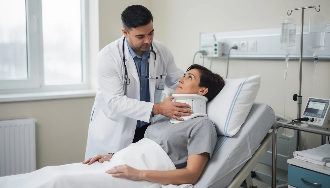 A medical professional is examining a patient who is wearing a cervical collar, indicating potential neck injuries, possibly as a result of an accident. This scene highlights the importance of medical evaluation after car accidents, especially in Houston, where victims may need to consider contacting an abogado de accidentes automovilísticos for legal assistance.