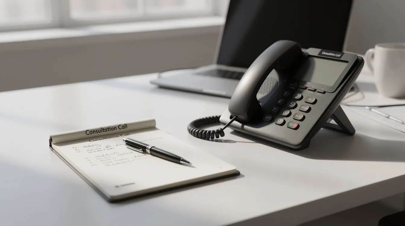 The image shows a telephone and a notepad placed on a desk, indicating preparation for a consultation call regarding disability benefits, possibly related to chronic migraines or other headache disorders. This setup suggests a focus on gathering medical documentation and treatment history to support a disability claim.