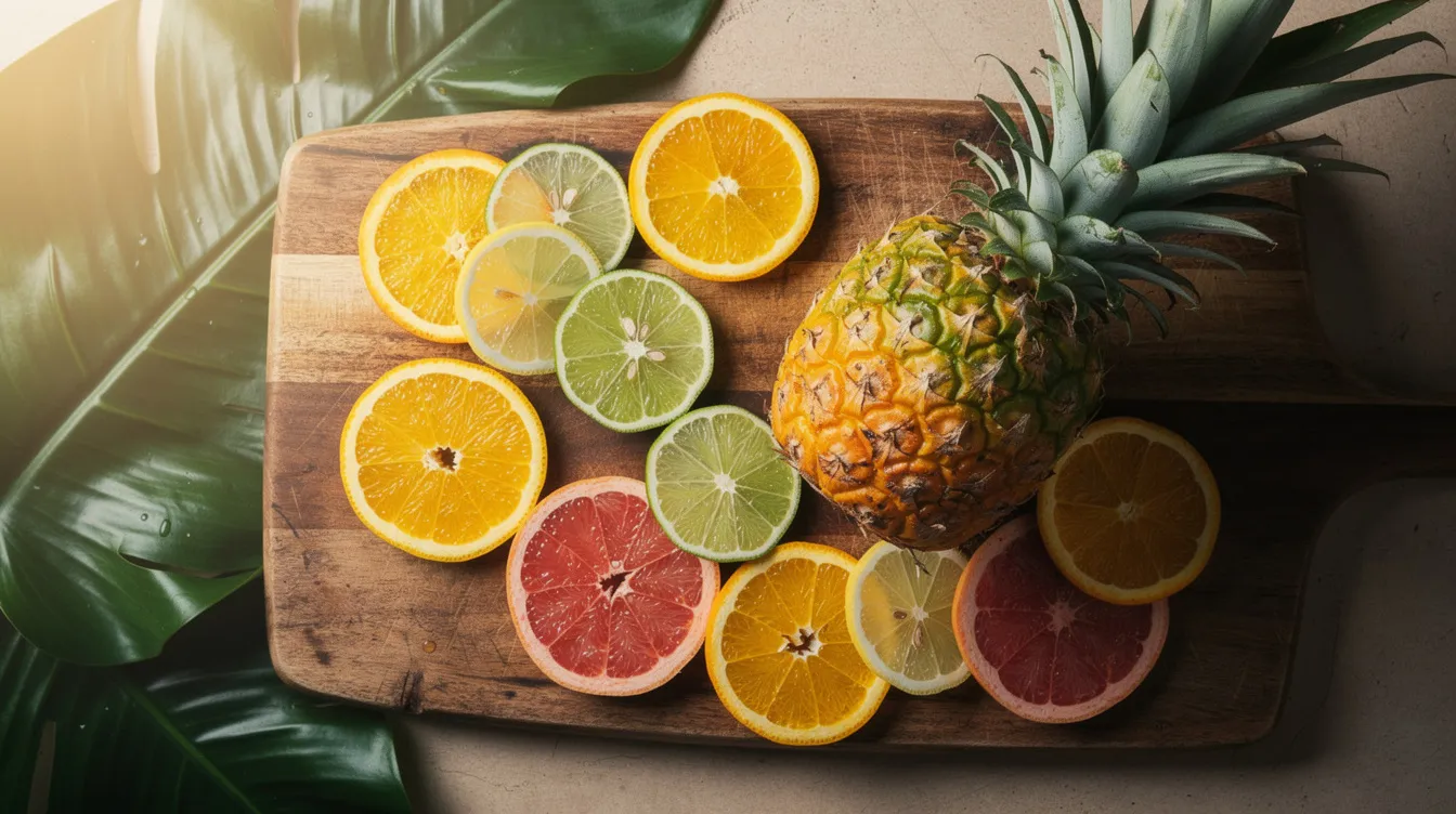 A fresh whole pineapple sits alongside sliced citrus fruits, beautifully arranged on a rustic wooden cutting board adorned with tropical leaves. The vibrant colors and textures evoke the essence of the Hawaiian Islands, reminiscent of the sweet and refreshing flavors found in the iconic maui wowie strain.