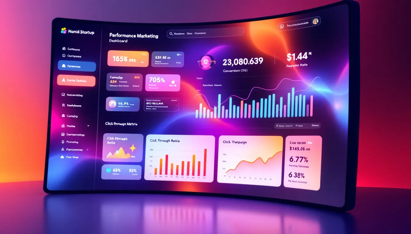 An overview of performance marketing metrics displayed on a screen.