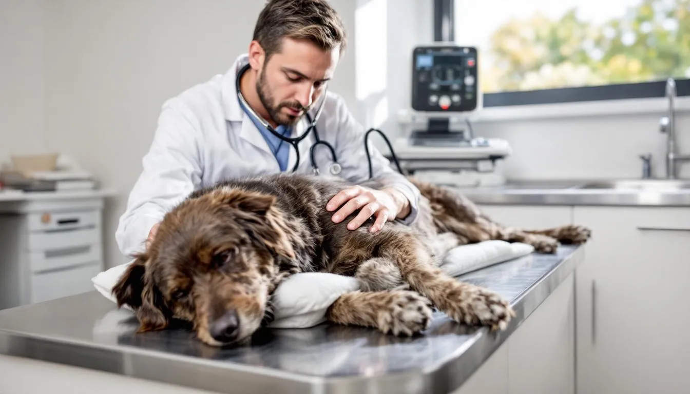 A veterinarian is carefully examining a dog