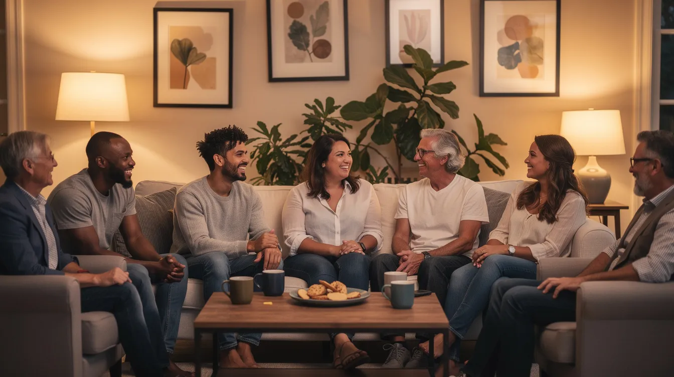 The image depicts a diverse group of people sitting together in a warm living room, engaging in lively conversation and laughter, symbolizing the unity and love found in God's family as they share their identities in Christ. This gathering reflects the joy of being part of a royal priesthood, where each individual is cherished as a unique creation of God.