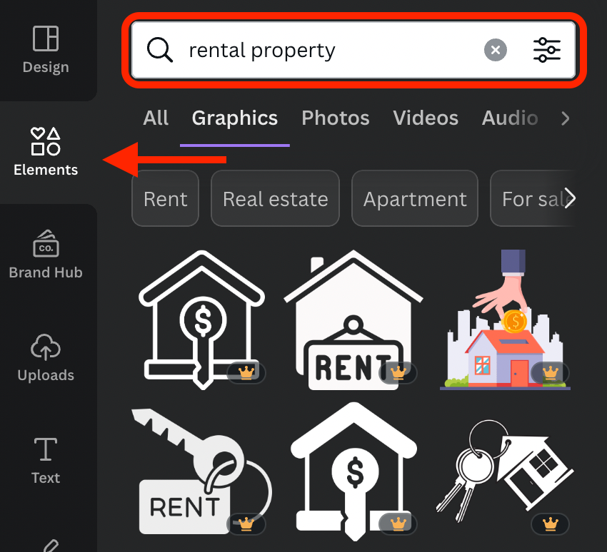 Use the elements tab to search for graphics, photos, and more.
