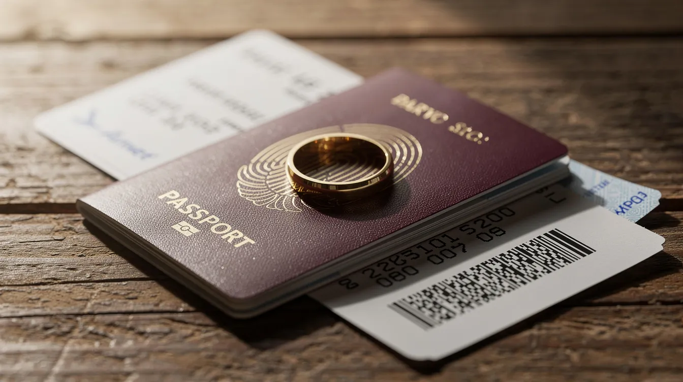 The image shows a passport accompanied by boarding passes and a wedding ring resting on a wooden table, symbolizing the journey of an Irish citizen spouse preparing for travel. This scene reflects themes of family reunification and the importance of supporting documents in the visa application process.