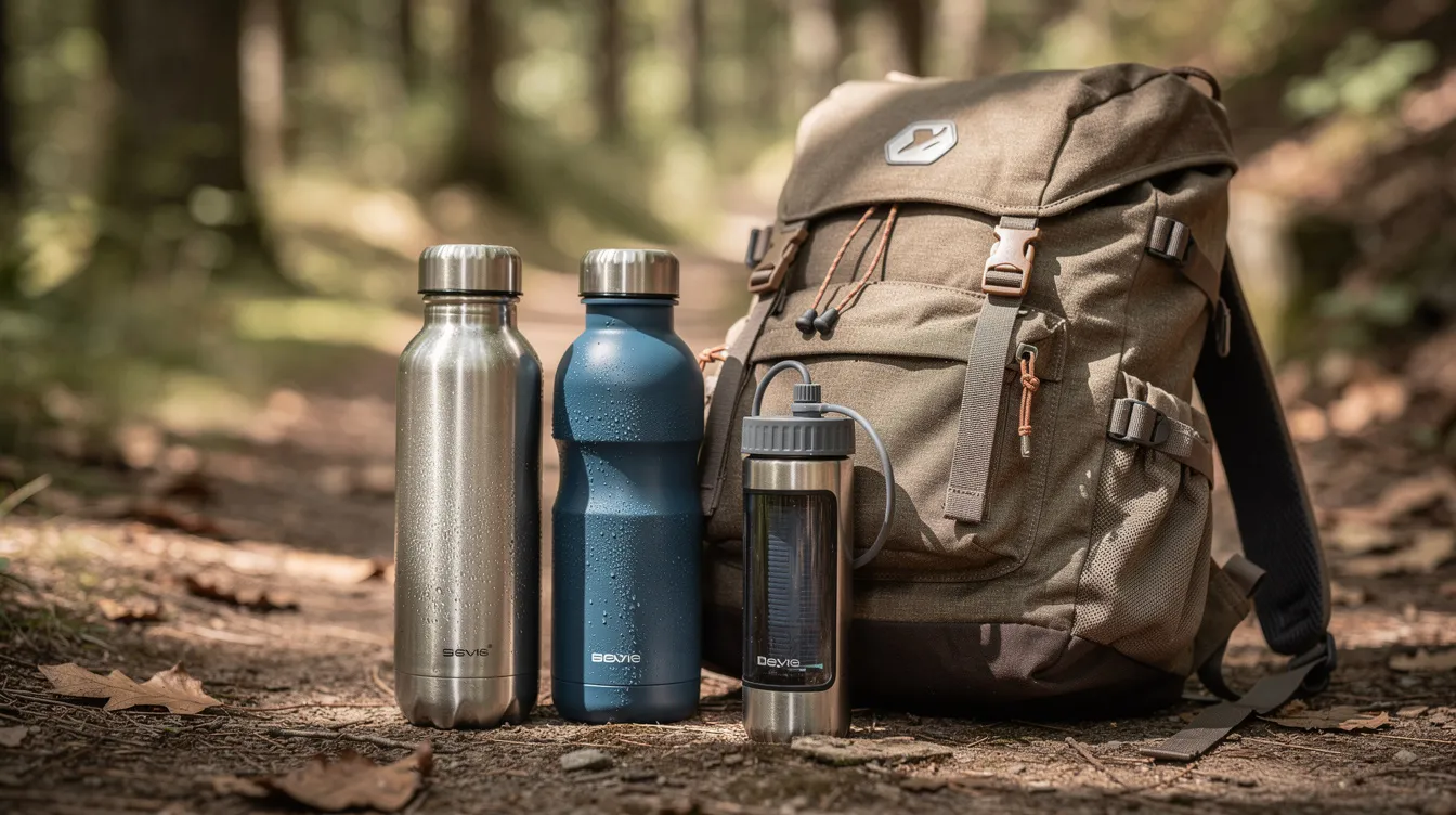The image shows several water bottles and a portable water filter placed next to a backpack, suggesting essential items for an emergency survival kit. This setup highlights the importance of having clean drinking water and easy-to-carry supplies for disaster preparedness.