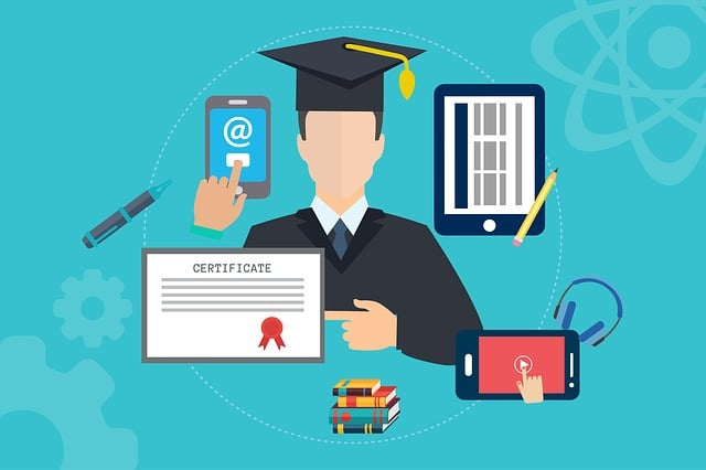 A graphics showcasing an online graduate with their diploma and certificate.