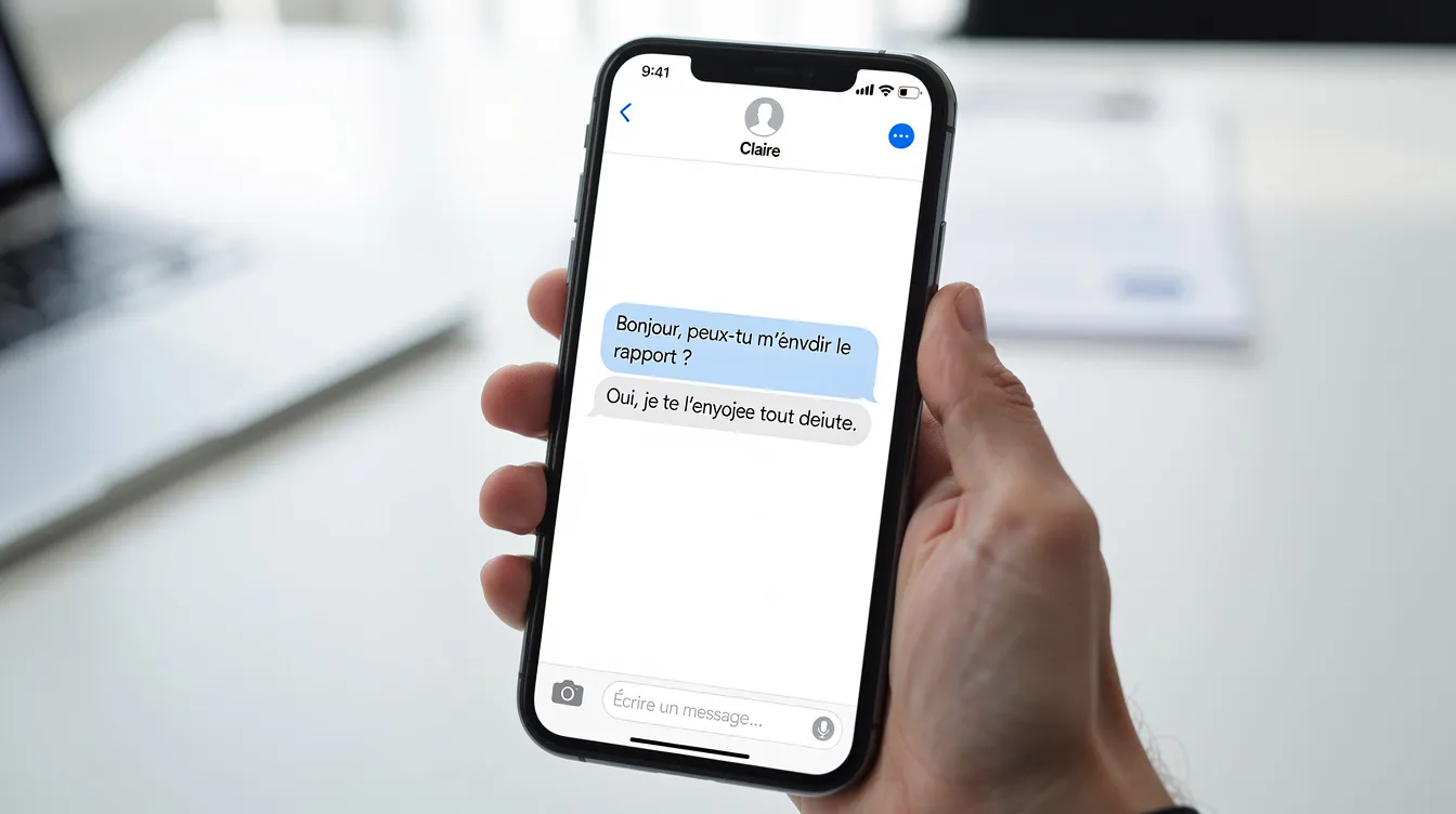 Une main tient un smartphone affichant une interface de messagerie avec un chatbot.
