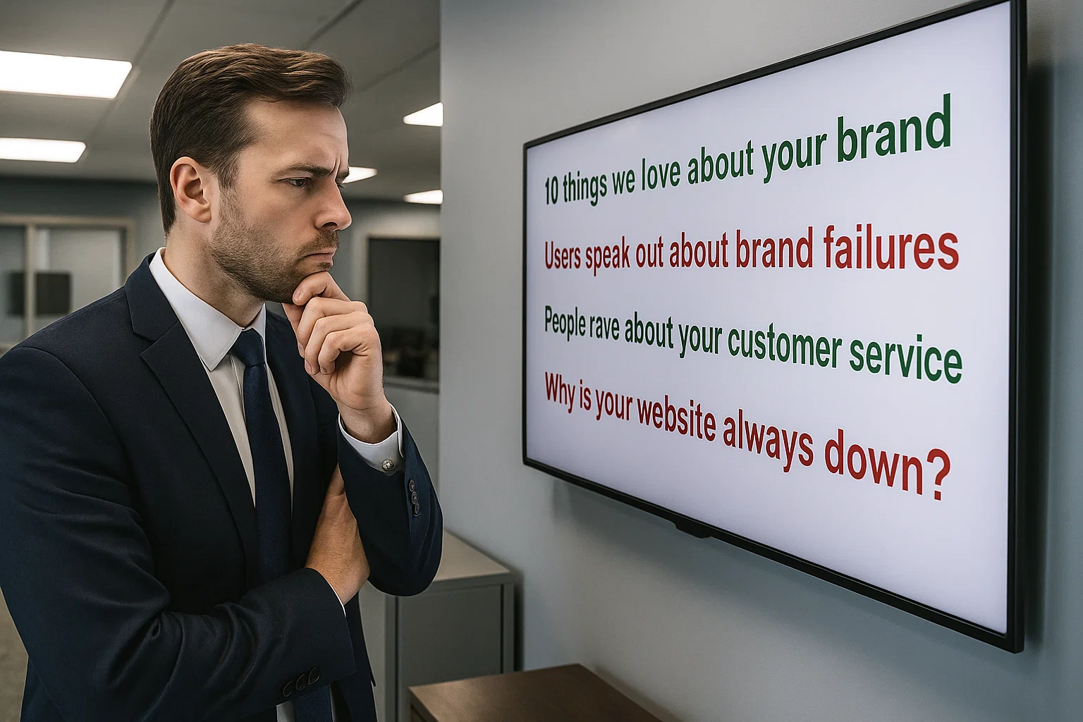 Marketer monitoring positive and negative news stories about a brand’s reputation.