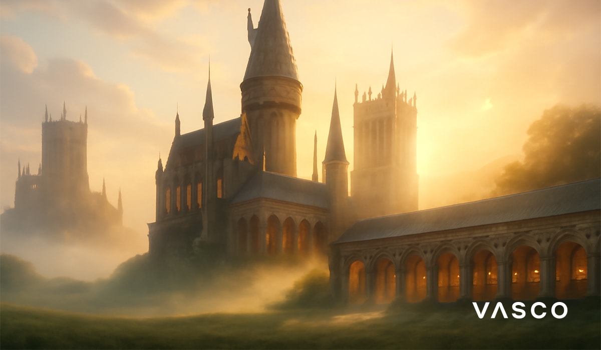 Un château gothique, enveloppé de brume et de lumière dorée, qui se dresse dans un paysage verdoyant.