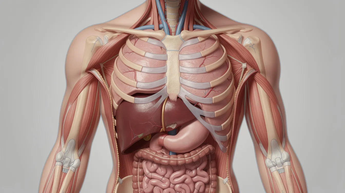 Die anatomische Darstellung zeigt den menschlichen Oberkörper mit einem besonderen Fokus auf den Bereich unterhalb des rechten Rippenbogens, wo häufig Beschwerden wie Schmerzen im rechten Oberbauch oder Symptome von Lebererkrankungen auftreten können. Die Abbildung verdeutlicht die Lage der Organe wie Leber und Gallenblase im Oberbauch, ohne Beschriftungen, um eine klare visuelle Vorstellung zu vermitteln.
