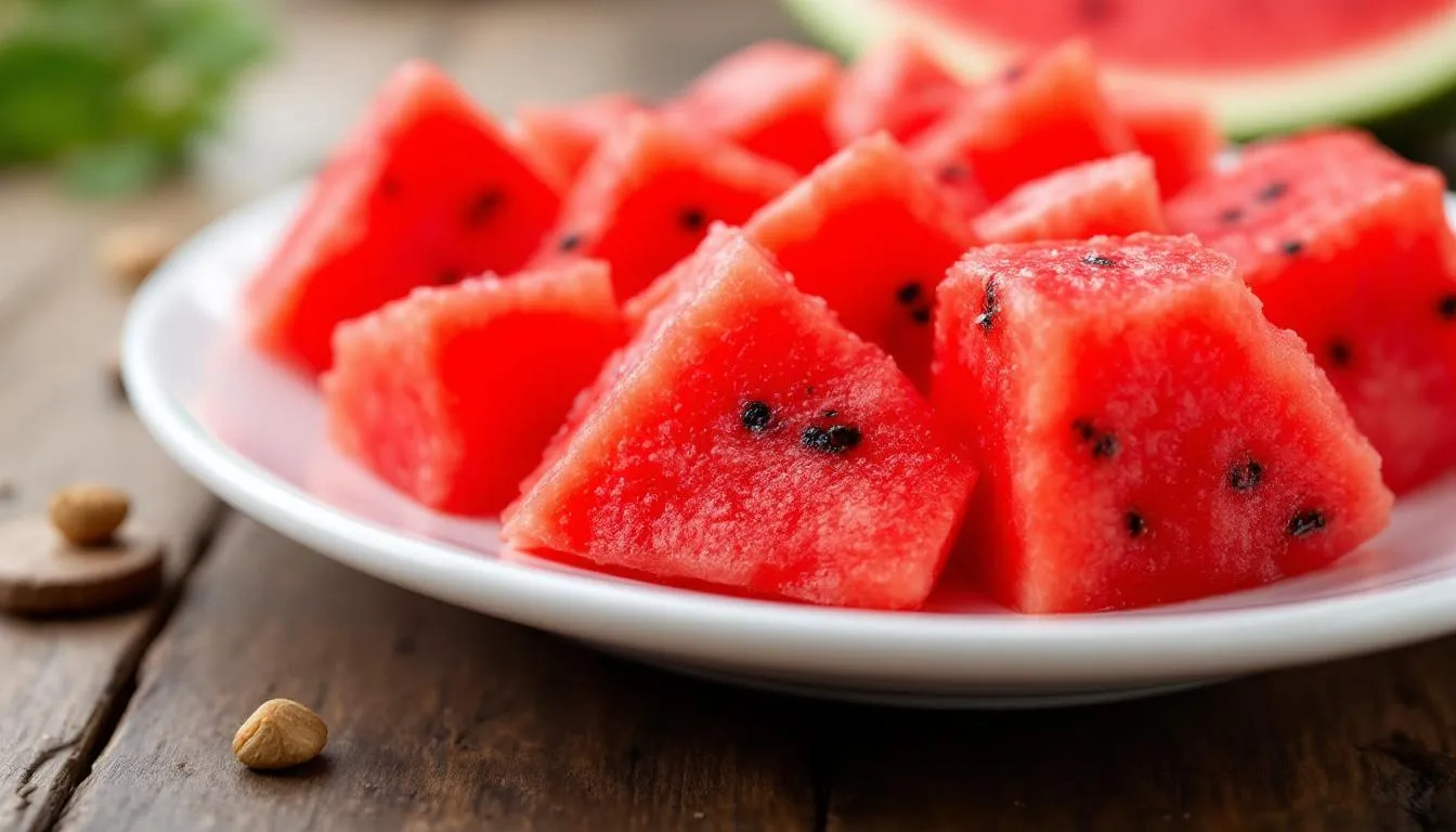 A close-up image of vibrant red watermelon cubes showcases their juicy flesh, which is not only refreshing and hydrating but also rich in vitamins, making it a healthy snack for both humans and dogs. The bite-sized chunks highlight the fruit