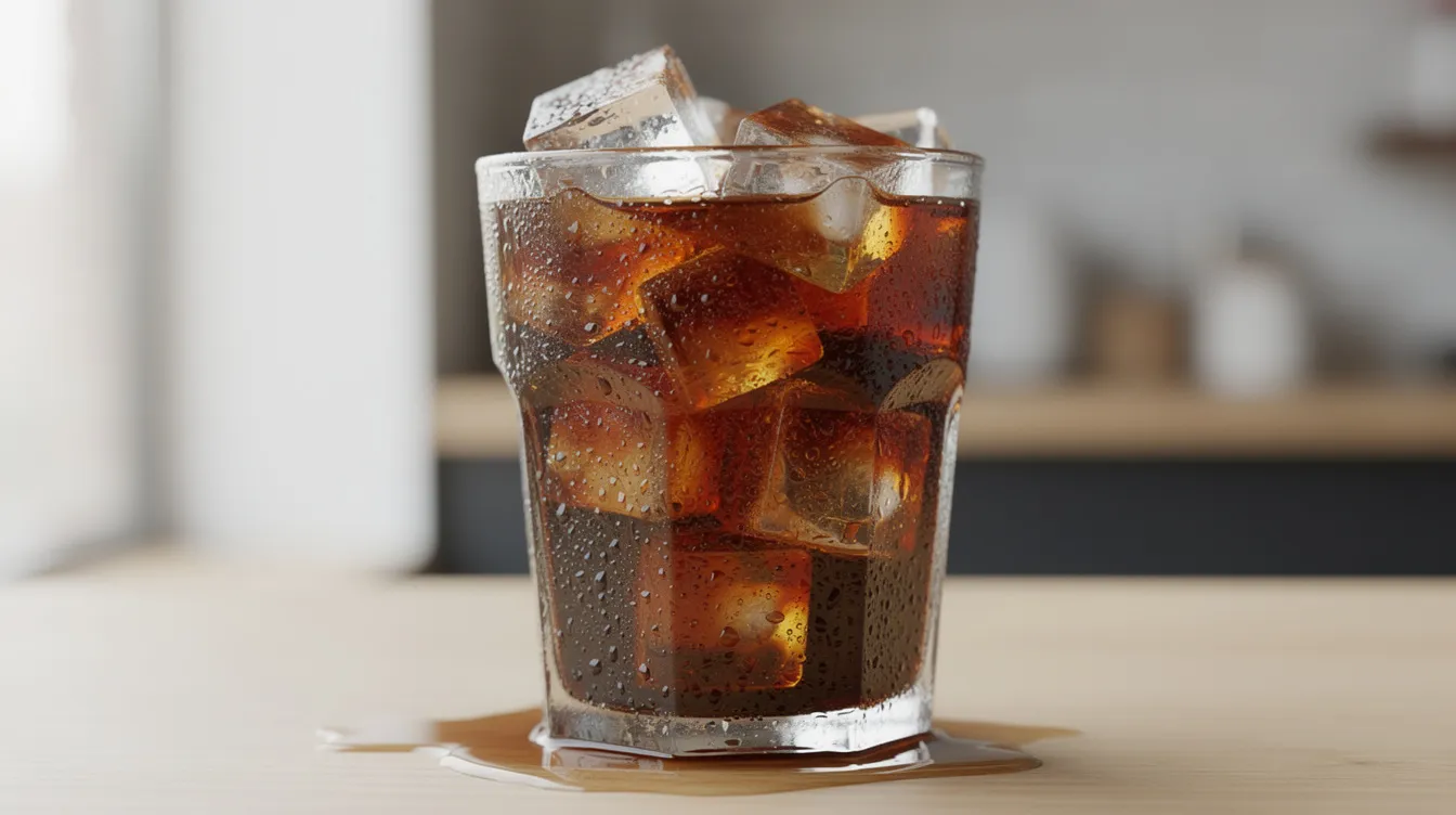 Ein Glas mit dunkelbraunem Cold Brew Kaffee, gefüllt mit großen Eiswürfeln, die an der Außenseite des Glases Kondenswasser bilden. Dieses erfrischende Sommergetränk bietet einen intensiven Geschmack und ist ideal für heiße Tage.