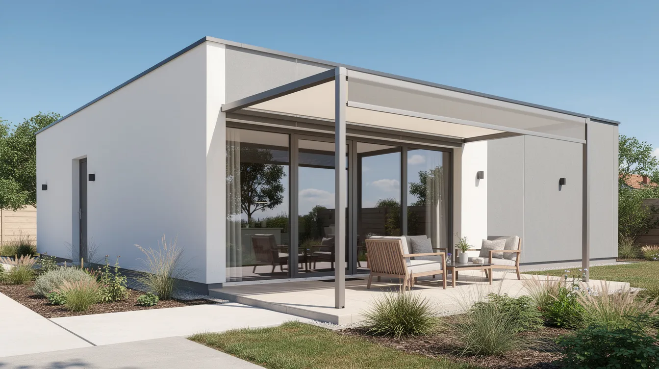 A modern home features sleek reflective window shades and a stylish exterior awning, providing effective shade and contributing to energy efficiency. This design helps maintain a comfortable indoor temperature during summer, enhancing the overall living environment.