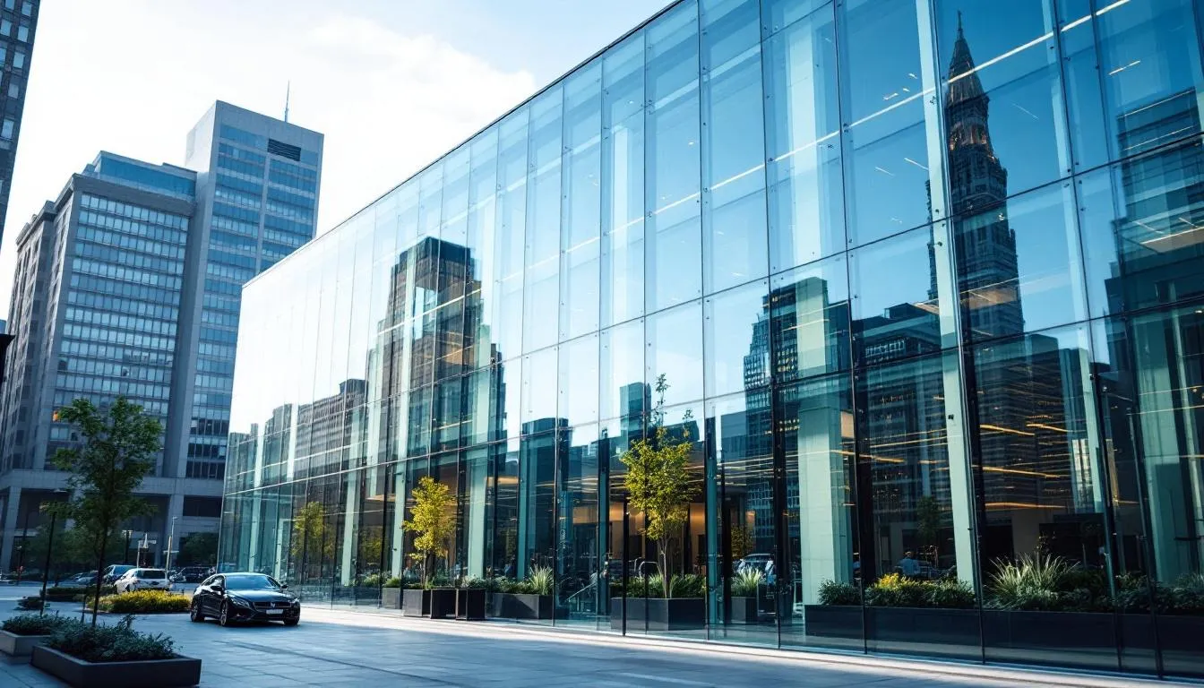 The image depicts a modern office building featuring an extensive glass facade, which raises awareness about the potential risk of nickel sulphide inclusion (NSI) breakage. The use of toughened glass and heat soaking processes is highlighted as a preventive measure against spontaneous glass breakage.