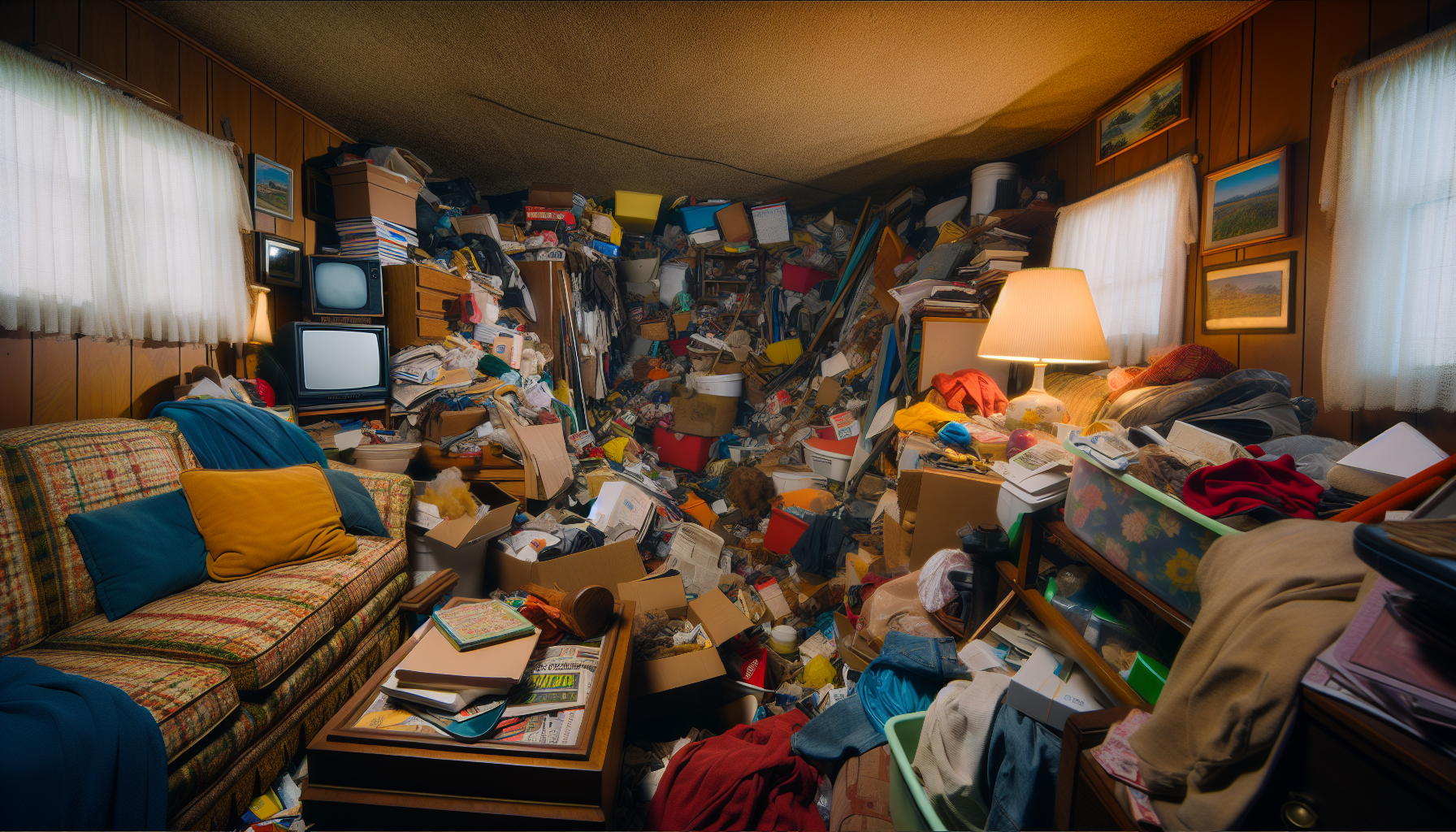 Photo of a cluttered living space with excessive accumulation of items