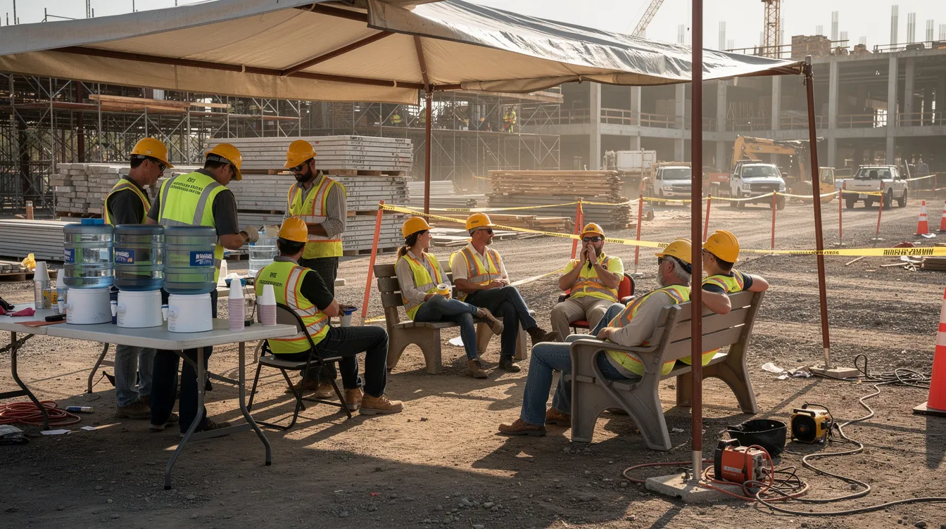 A group of construction workers wearing hard hats and safety vests are seated in a shaded break area at a commercial construction site, with water coolers and seating available for their use. This scene highlights the importance of worker safety and effective communication in the construction industry, as they take a moment to rest during their project phases.