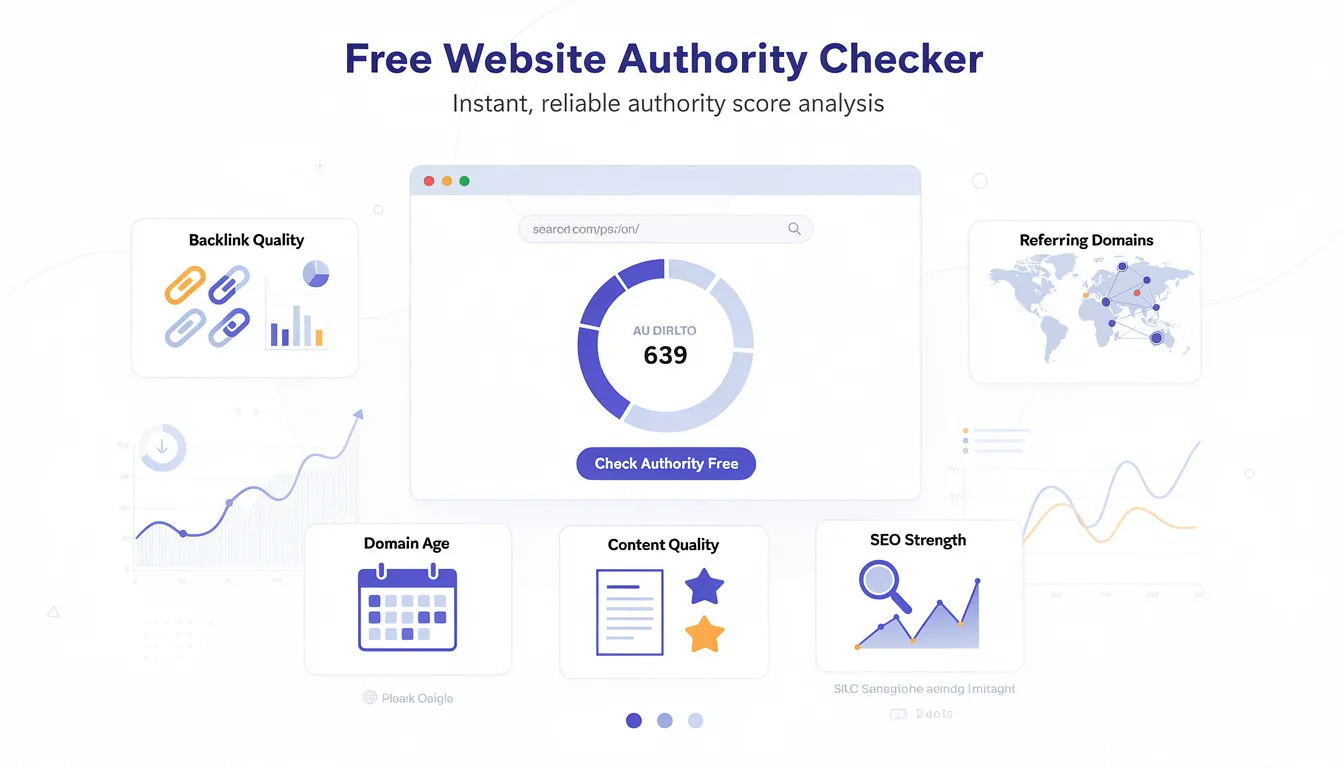 The image depicts a user interface of a free website authority checker tool, showcasing various metrics such as domain authority score, backlink quality, and referring domains. This tool provides an instant assessment of a website's authority, helping users understand their site's performance in search engine results and identify link building opportunities.
