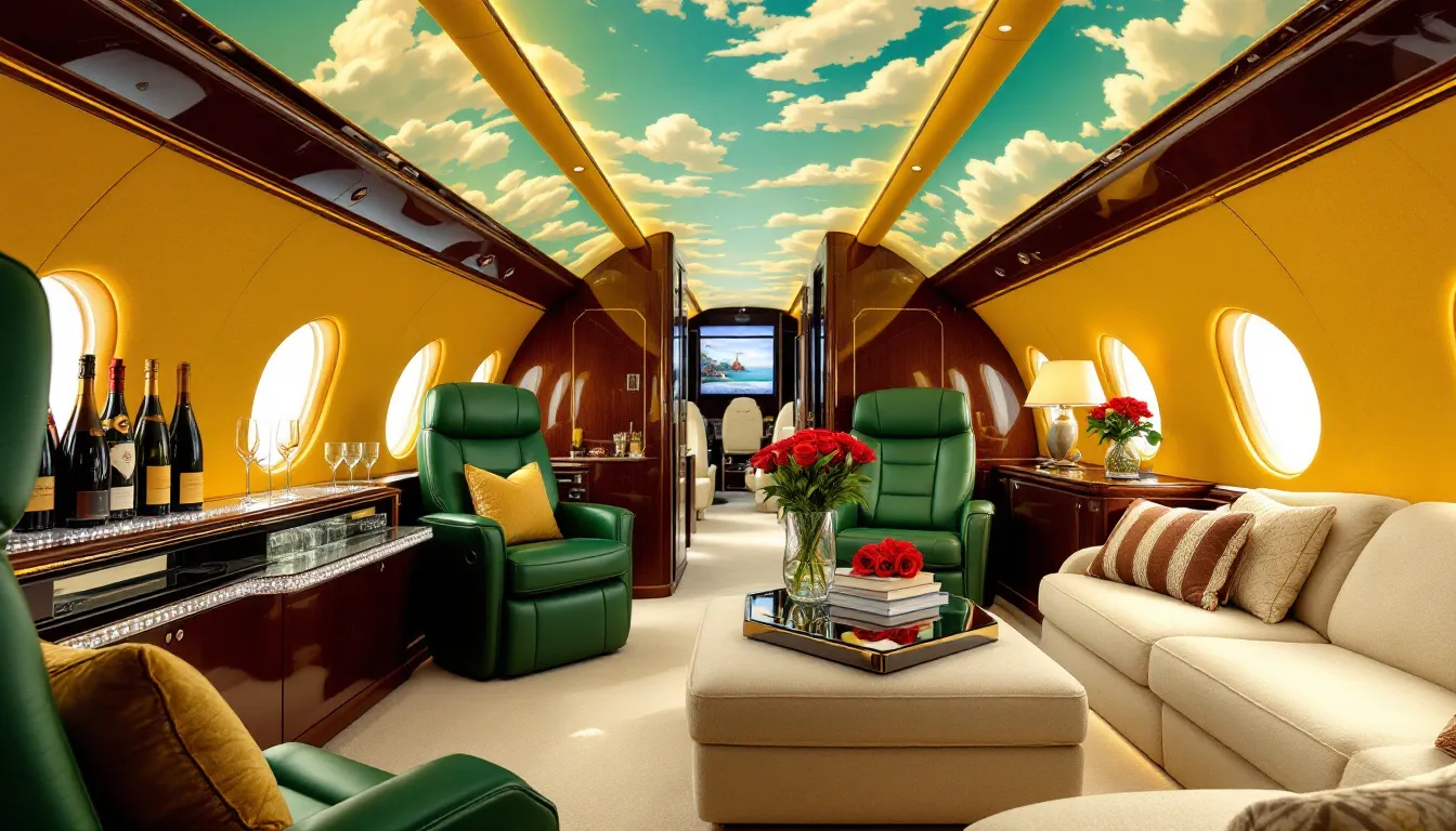 An interior view of a luxurious private jet, showcasing its spacious seating and amenities.