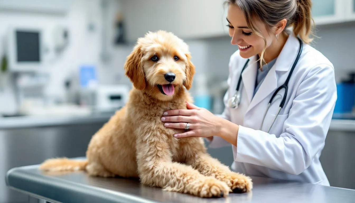 A veterinarian is gently examining a smiling miniature goldendoodle during a routine checkup, ensuring the dog