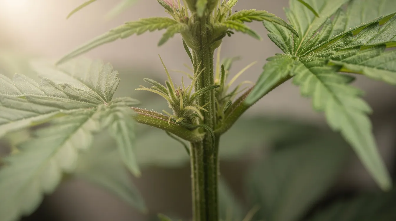 The image shows a close-up view of a cannabis plant node junction, highlighting small emerging pre-flower structures that indicate the plant's gender. These early signs are crucial for cannabis growers to identify male and female plants, as male pre-flowers can lead to pollen production and potential fertilization of female plants.