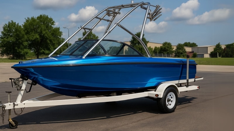 Boat wrapped in glossy blue vinyl wrap