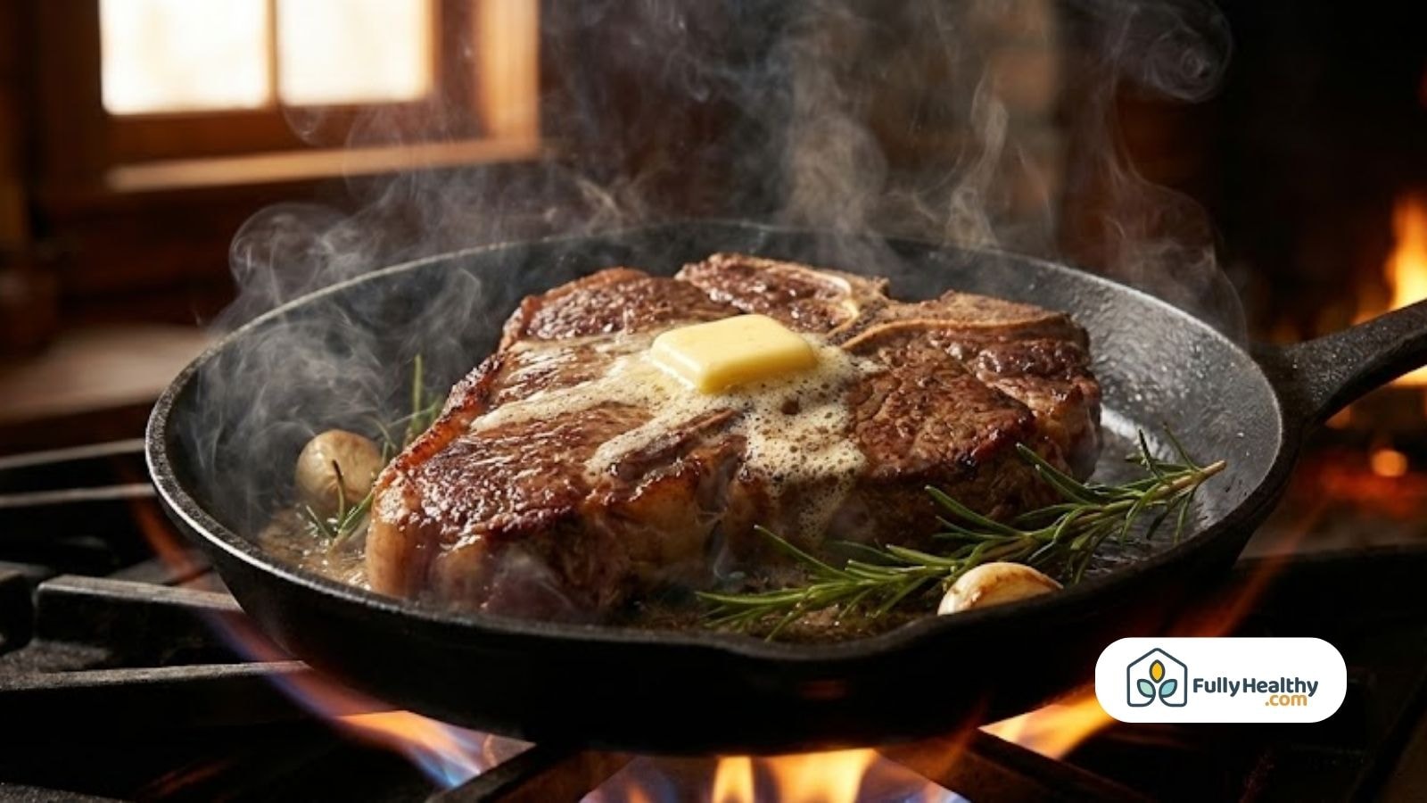 Porterhouse steak sizzling in cast iron skillet with butter and herbs