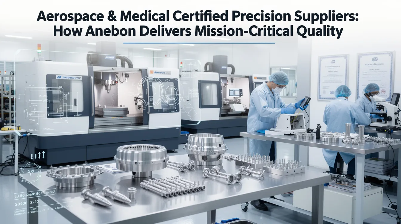 The image illustrates the precision manufacturing capabilities of Anebon, showcasing aerospace and medical certified components designed for demanding applications. Highlighted are various aerospace parts and complex geometries, emphasizing the rigorous quality control processes and advanced inspection systems that ensure exceptional dimensional accuracy and reliability in extreme operating environments.