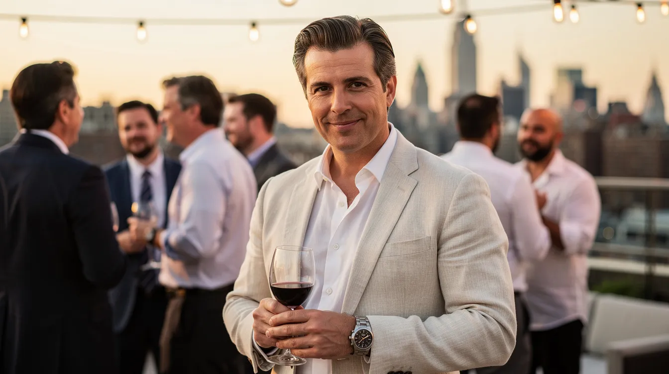 A handsome, successful man in his early 40s stands at a sophisticated rooftop gathering in TriBeCa at dusk, wearing a tailored linen jacket and holding a glass of red wine, with the Manhattan skyline softly blurred in the background. His thoughtful expression and subtle social smile convey a sense of emotional depth amidst the celebratory atmosphere, reflecting the complexities of personal growth and belonging in a supportive environment.