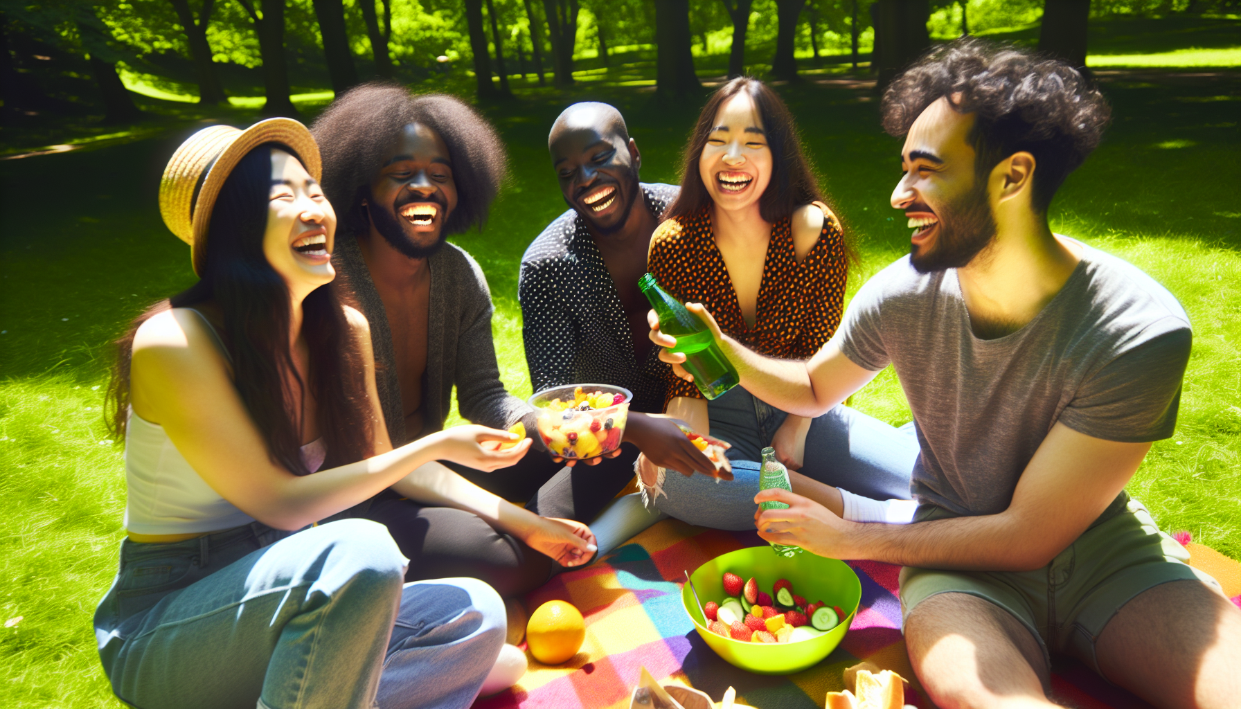 A group of friends enjoying a picnic, nurturing abundance in relationships and celebrating life experiences