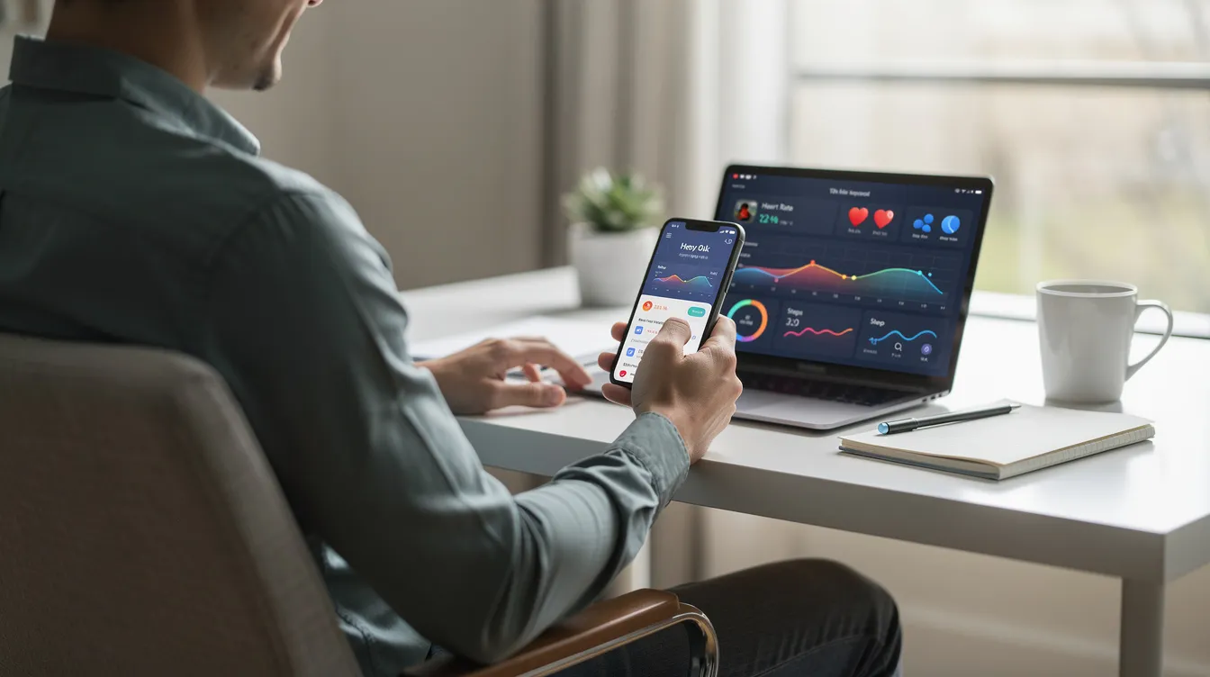 A person is sitting at a desk, reviewing their health metrics on a smartphone, which may include data on metabolic health, sleep quality, and exercise routines. This scene reflects a proactive approach to overall health and well-being, emphasizing the importance of lifestyle changes for longevity.